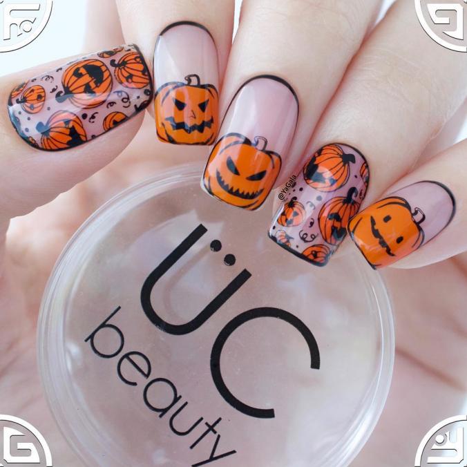 Halloween Nails. Jack-o-Lantern with stamping plate