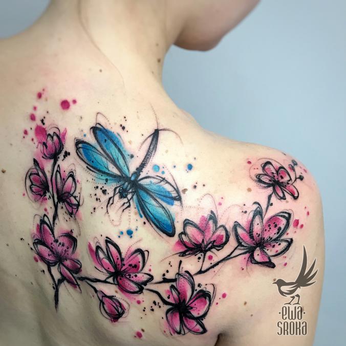Cherry blossom and dragonfly  tattoo