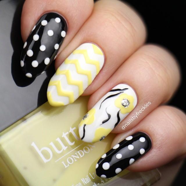 Yellow and black polka dot and zig zag nails