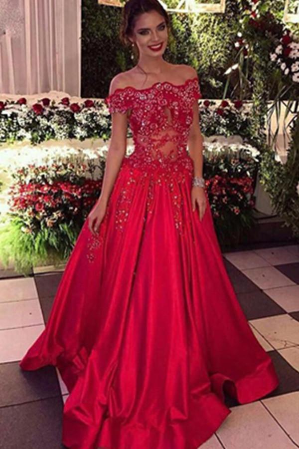 Red Off the Shoulder A line Ball Gown Applique Beaded Satin Prom Dress P569