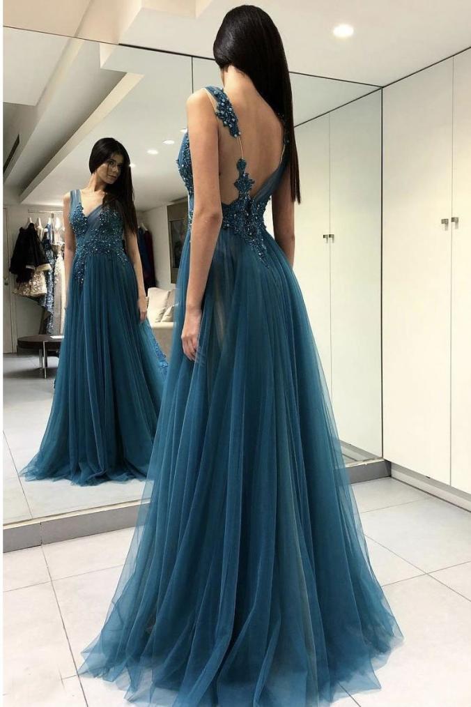 Blue Scoop Appliqued Sexy Side Slit Long Formal Lace Prom Dresses P571