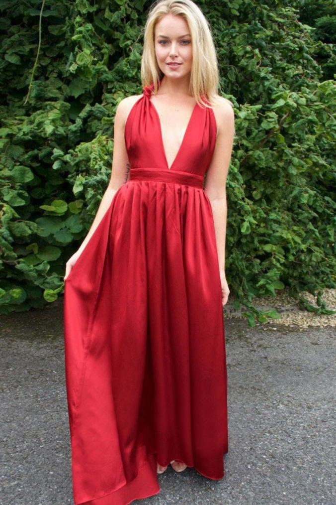 Cheap Pleated Red A Line V Neck Back Twist Satin Bridesmaid Dress