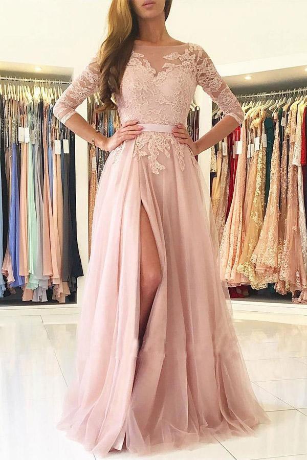 Pink A Line Brush Train /4 Sleeve Backless Layers Aplliques Prom Dress,Party Dress