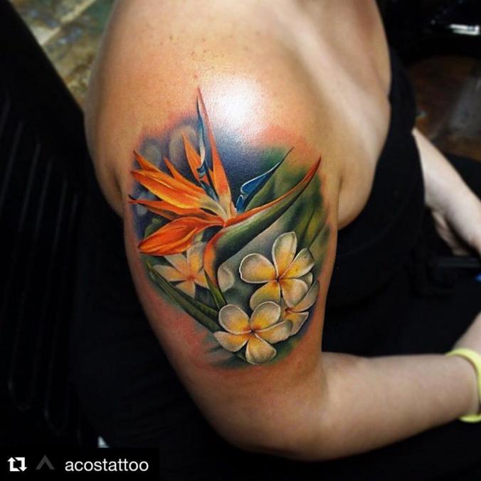 Realistic bird of paradise and frangipani upper arm tattoo