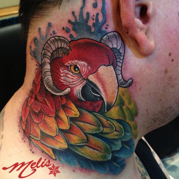 melissa fusco parrot bird neck tattoo goat horns colorado artist - Tattoo Maze