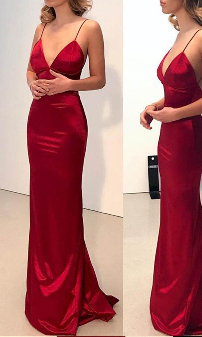 Fitted Sateen Long Spaghetti Red Prom Party Dresses KSP561
