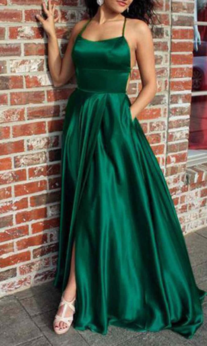 Green Strappy Long Prom Dresses Slit with Pocket KSP496