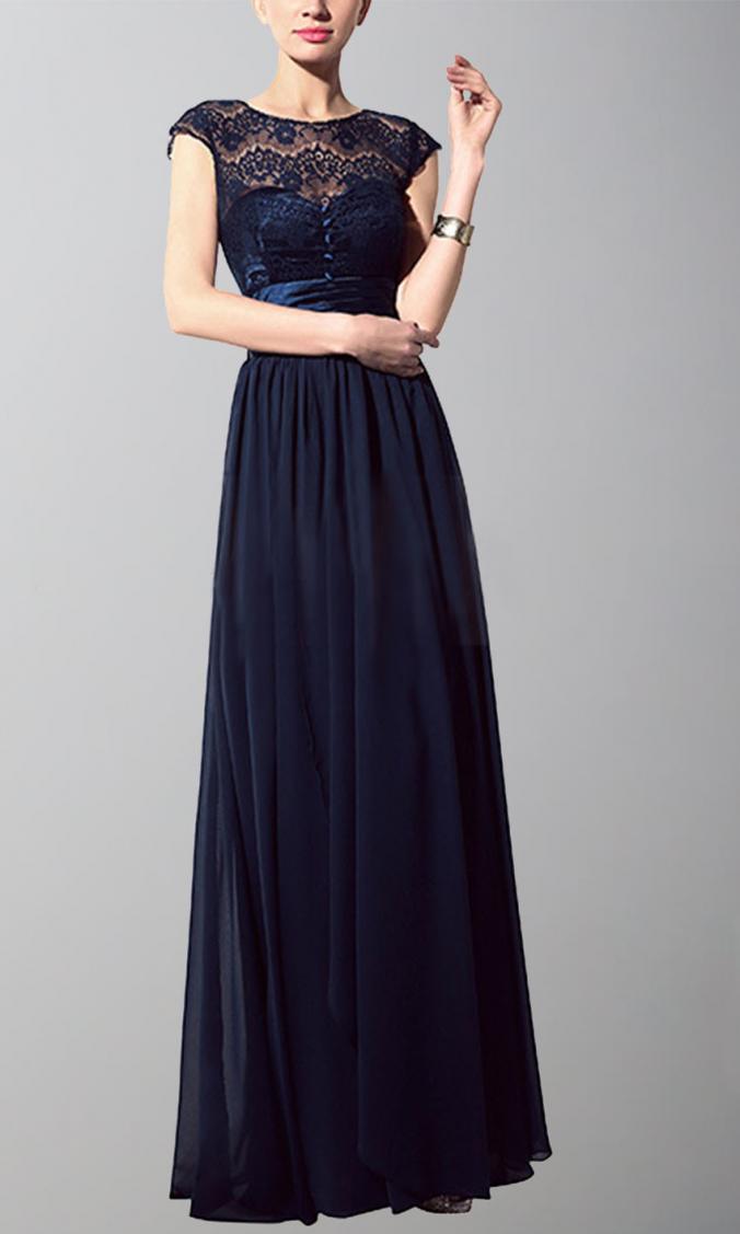 Dark Blue Floral Lace Bridesmaid Dresses Long with Sash KSP487