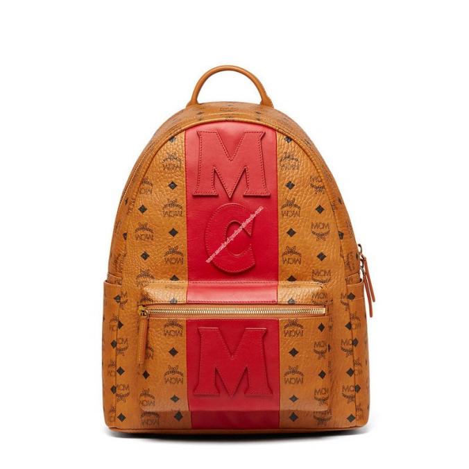 MCM Medium Stark Logo Stripe Backpack In Brown