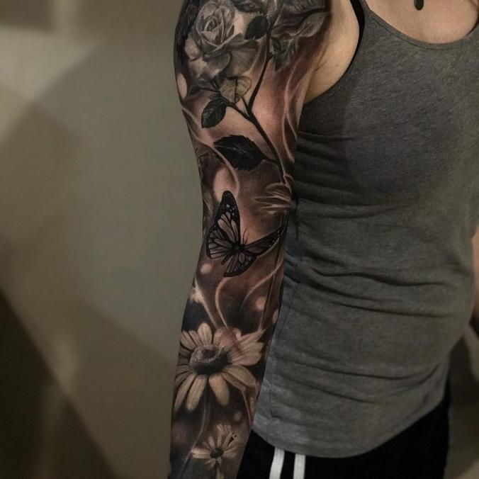Flower sleeve tattoo…”
