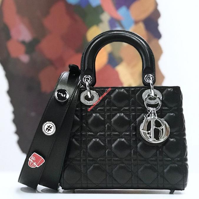 Small Lady Dior Lambskin Bag with 3 Badges Shoulder Strap Black