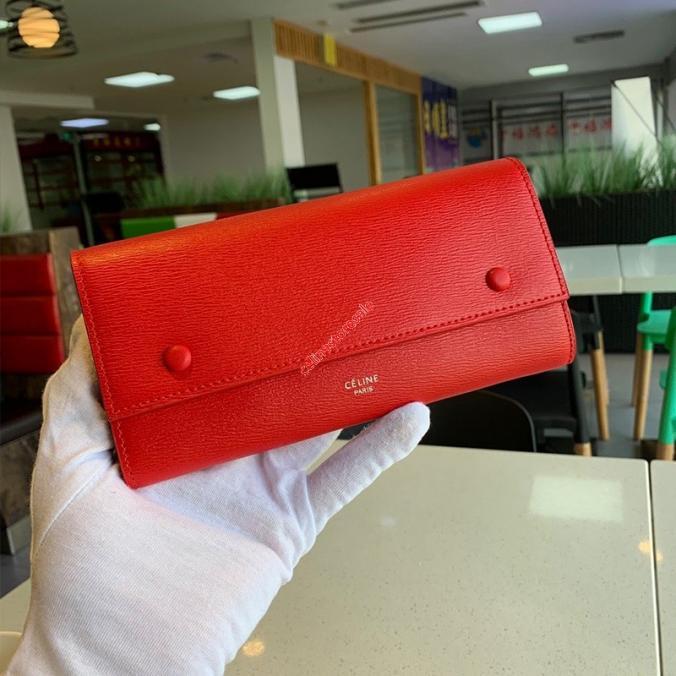 Celine Large Flap Wallet In Grained Calfskin Red