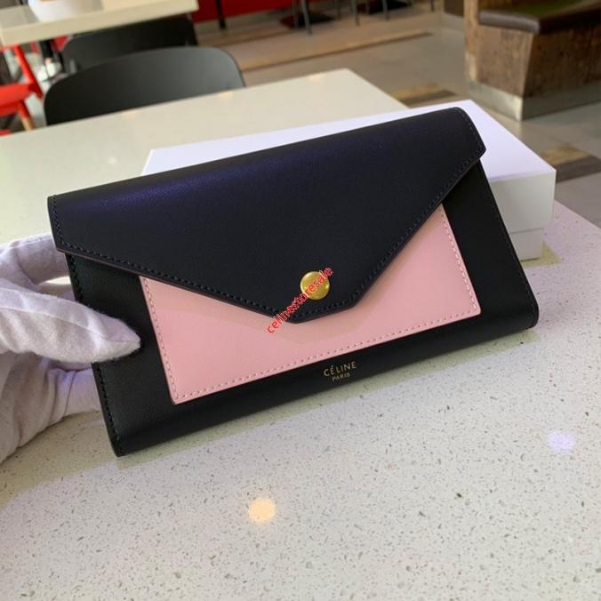 Celine Large Patchwork Trifold Wallet In Smooth Calfskin Black/Pink