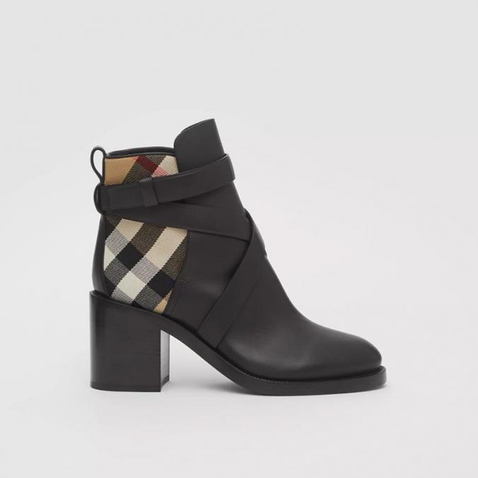 Burberry House Check And Leather Ankle Boots In Black