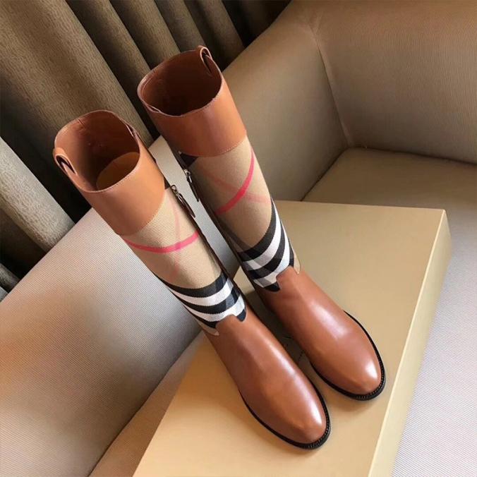 Burberry House Check And Leather Riding Boots In Brown