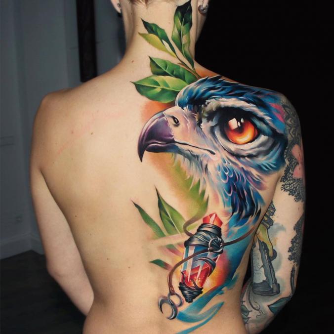 Sandra Daukshta on Instagram ：“Magical bird done two days in a row! And there is cover up on sholder and neck.✨