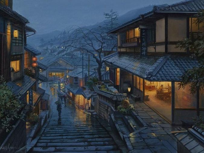 Evgeny on Instagram ：“Old Kyoto16" x 12" o.c.This image of Kyoto Japan from way back is very beautiful. Even after a rainfall that left the flight of…”