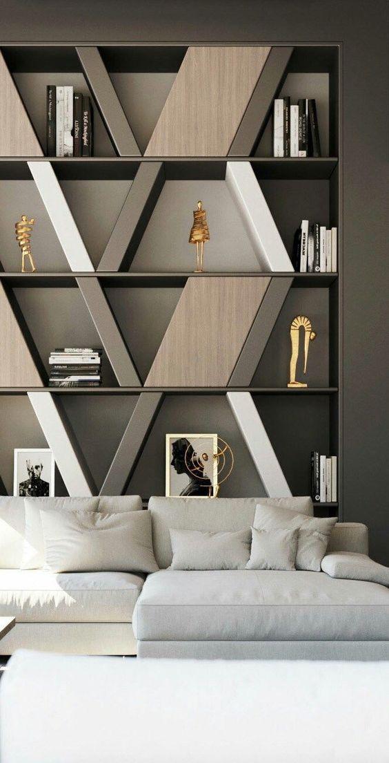 special masculine home design with a white sofa and a bookshelf
