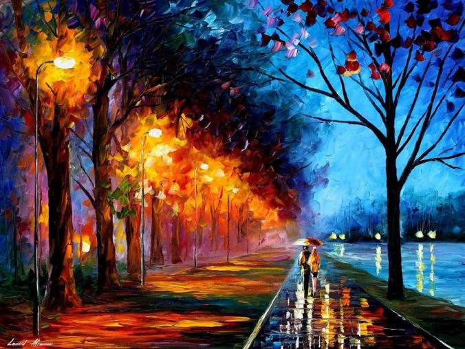 Leonid Afremov on Instagram ：“Queridos amigos que pintura hoy les presentamos "Alley by the lake" and "Rainy Alley by the lake" cual es su preferida?…”