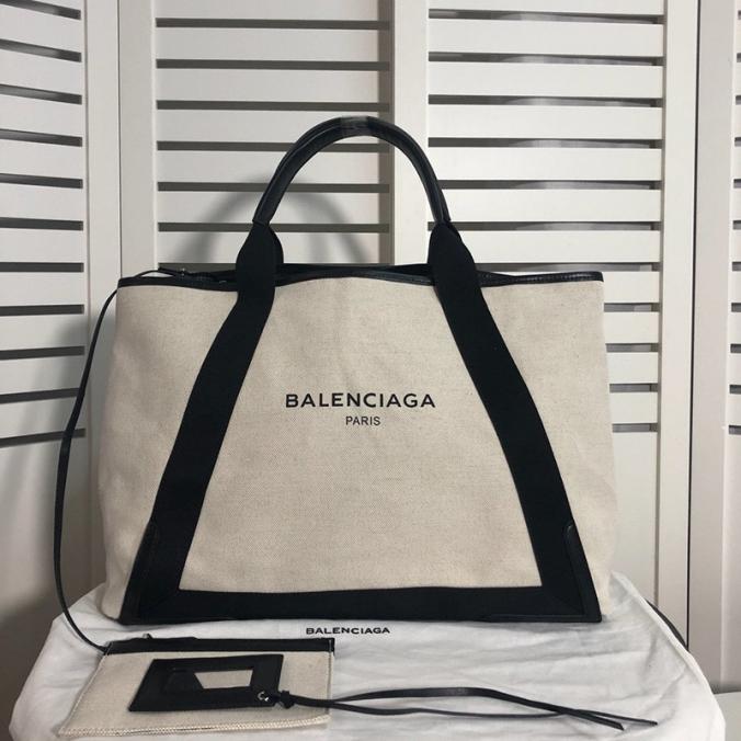 Balenciaga Navy Large Cabas Canvas And Calfskin In Beige