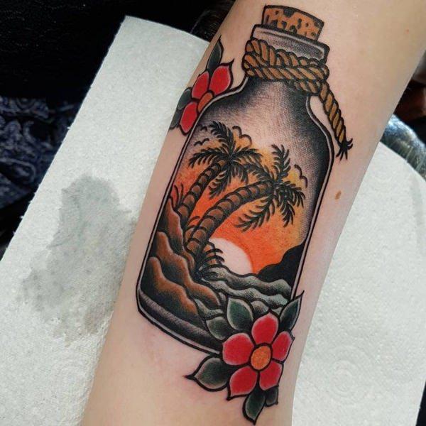 Fun palm tree and beach tattoo for an awesome girl. 😊 www.albertsmart.com  #palmtreetattoo #tattoo #art #rustiktattoo #oceantattoo… | Instagram