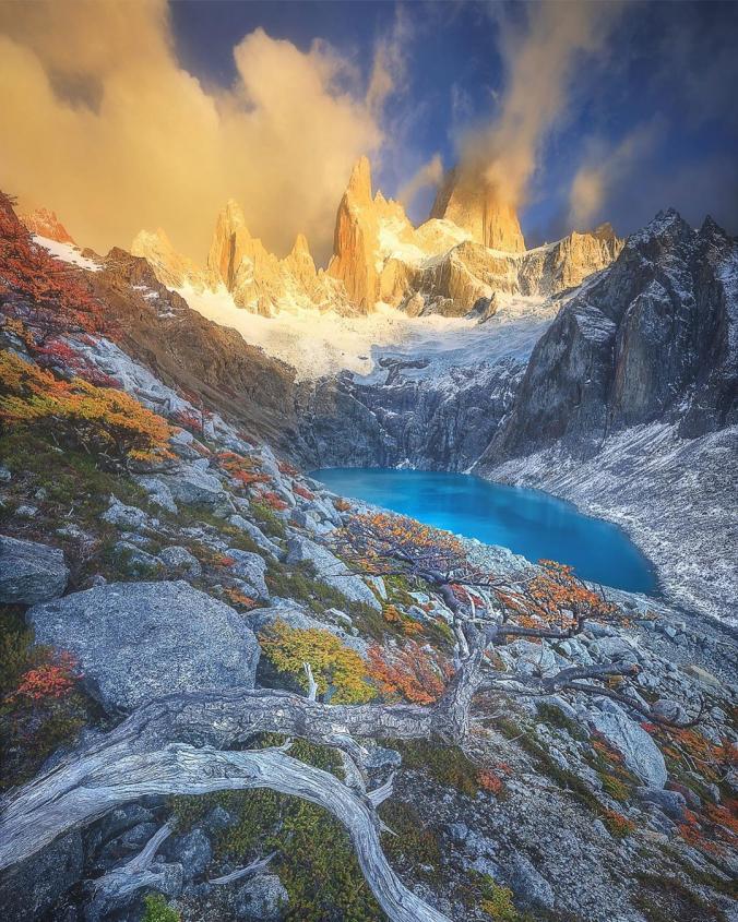 Alban Henderyckx on Instagram ：“"Patagonian Fortress"Earth bleeds, cries tears in warm autumn tones, the winds are unleashed, the blizzard of snowstorms succeed one…”