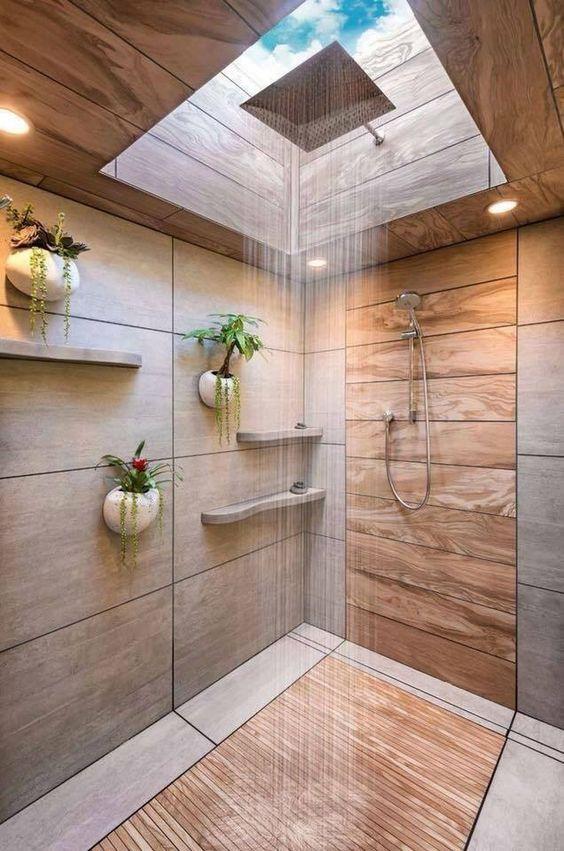 salle de bain theme nature douche tout en bois carrelage trompe l'oeil puit de lumière   blog déco   clem around the corner