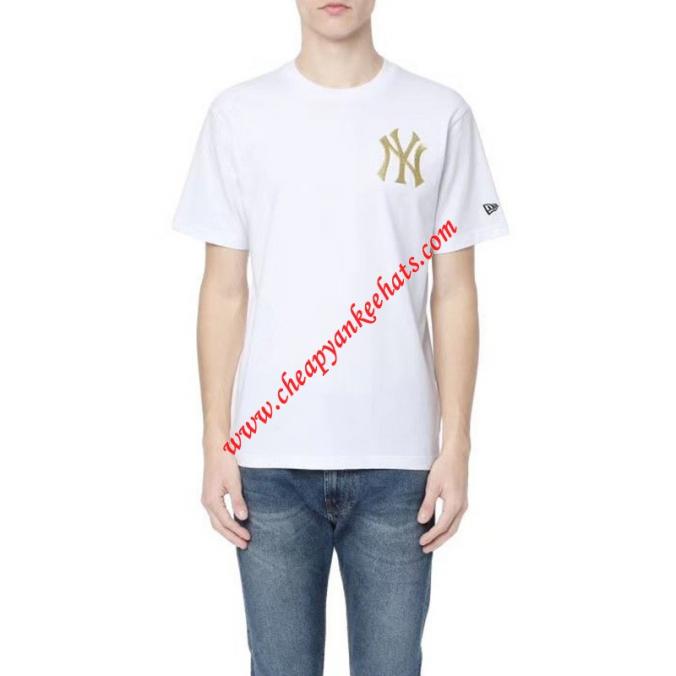 MLB NY Gold Embroidery Logo Short Sleeve T-shirt New York Yankees White