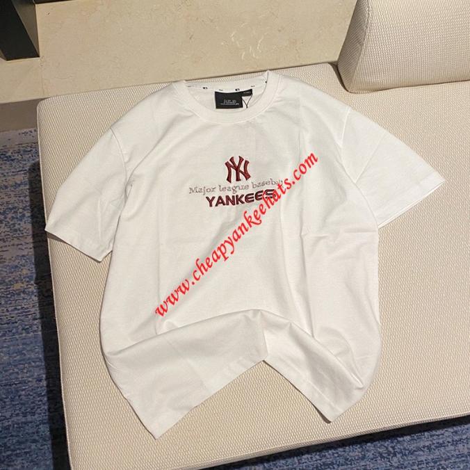 MLB NY Team Logo Embroidery Short Sleeve T-shirt New York Yankees White
