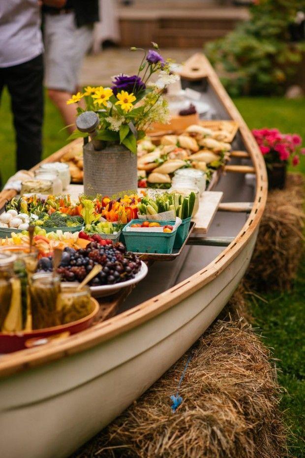 Garden party food in a canoe