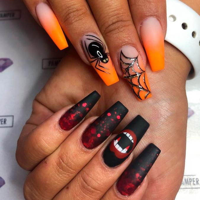 Amazing Halloween Ombre Orange Spiderweb & Bloody Black Nails