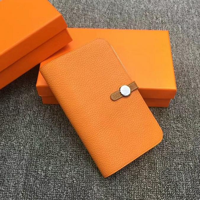 Hermes Dogon Card Holder Color Blocking Togo Leather Palladium Hardware In Orange/Brown