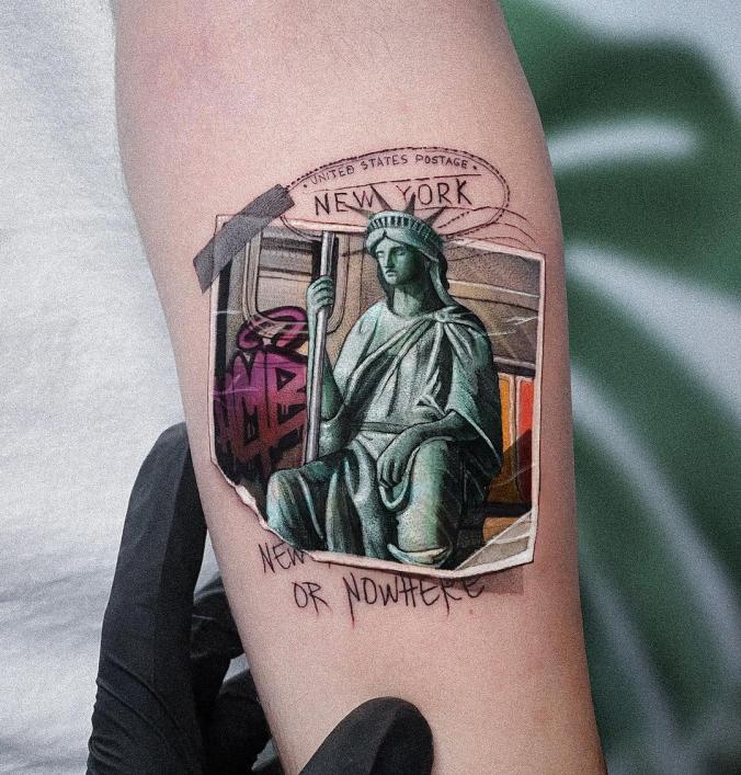 Kozo_tattoo on Instagram ：“I love it when my clients push my limits and challenge me every single day. Thank you Alex! making the Statue of Liberty sit in the subway…”