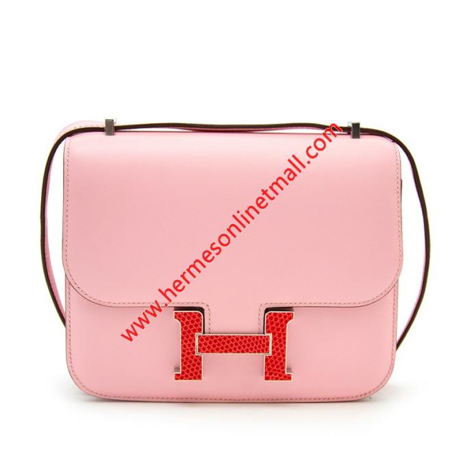 Hermes Constance Bag Calfskin Red Lizard Enamel Hardware In Pink