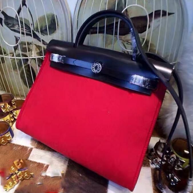 Hermes Herbag Bag Canvas Palladium Hardware In Red