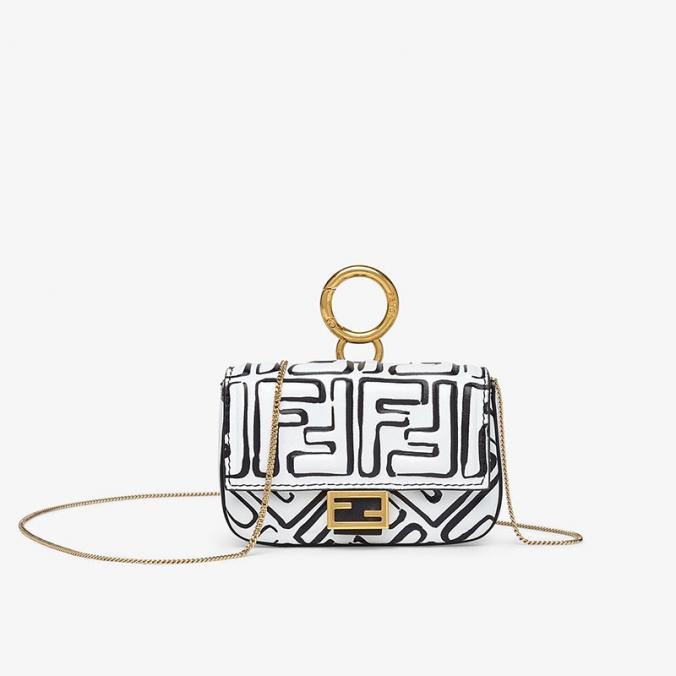 Fendi Nano Baguette Bag In FF Napper Leather White