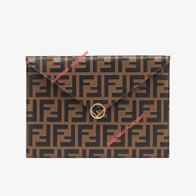 F is Fendi Large Flat Pouch In FF Calf Leather Brown