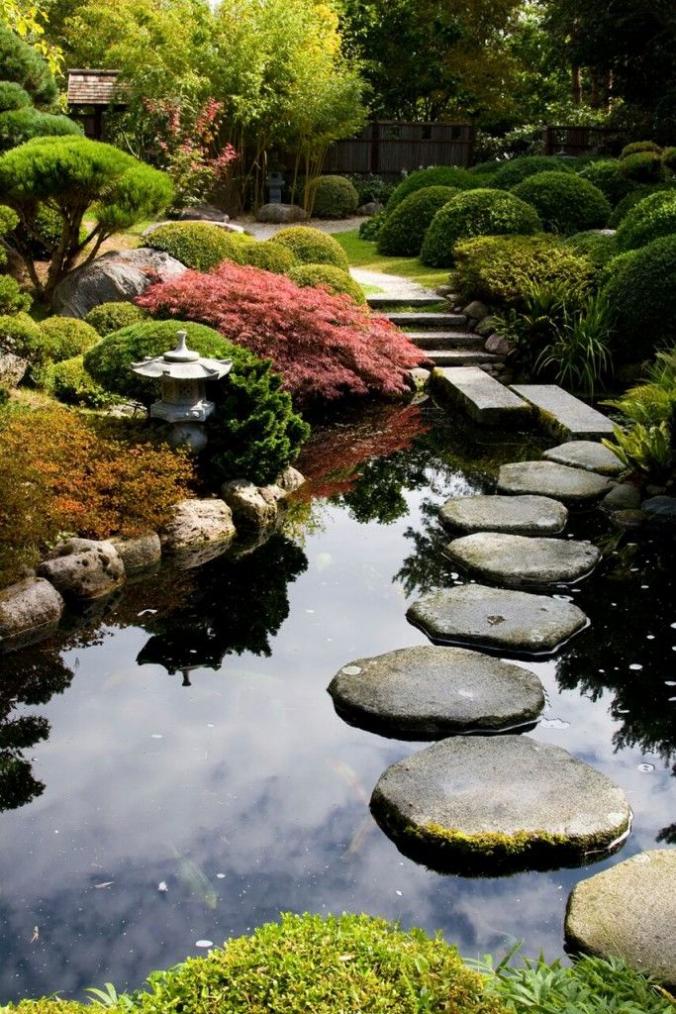 This balanced garden has a natural and asymmetric pond. Ponds are common in Japanese gardens. These ponds often have koi fish in them. These...