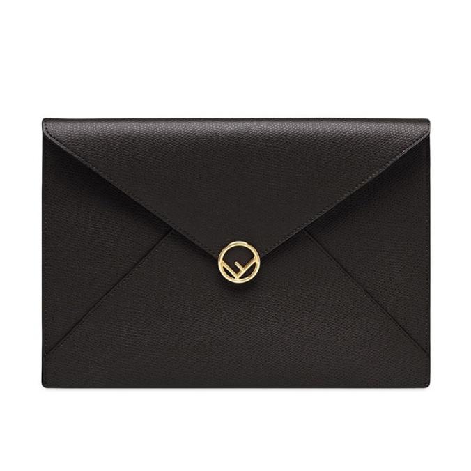 F is Fendi Large Flat Pouch In Cruise Leather Black