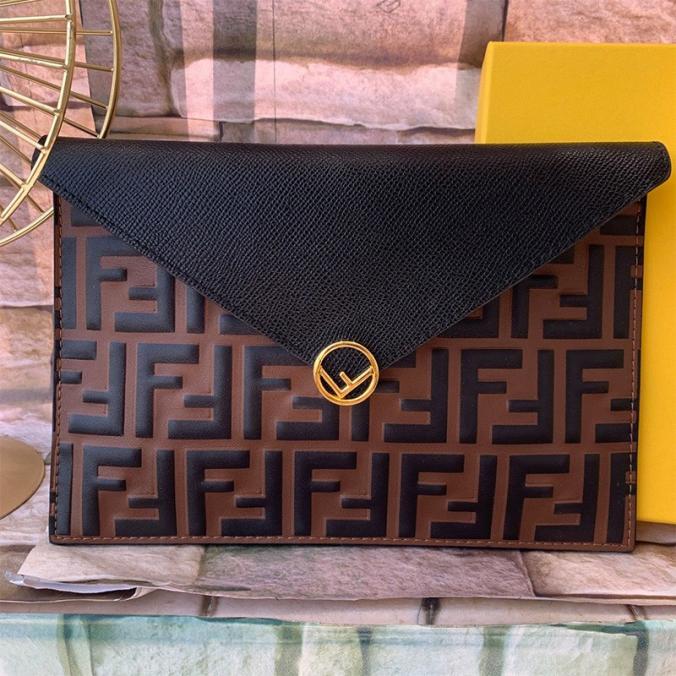 F is Fendi Large Flat Pouch In FF Calf Leather Brown/Black
