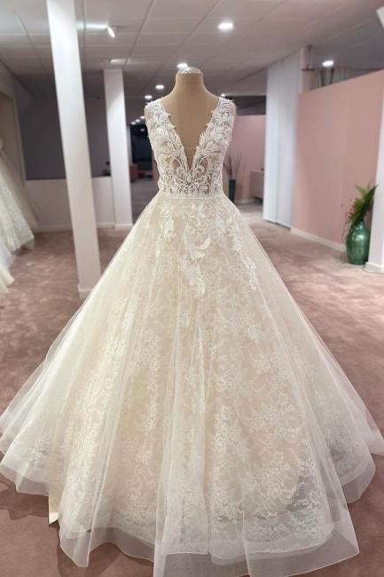 Elegante Brautkleider V Ausschnitt | Hochzeitskleider A Linie Spitze