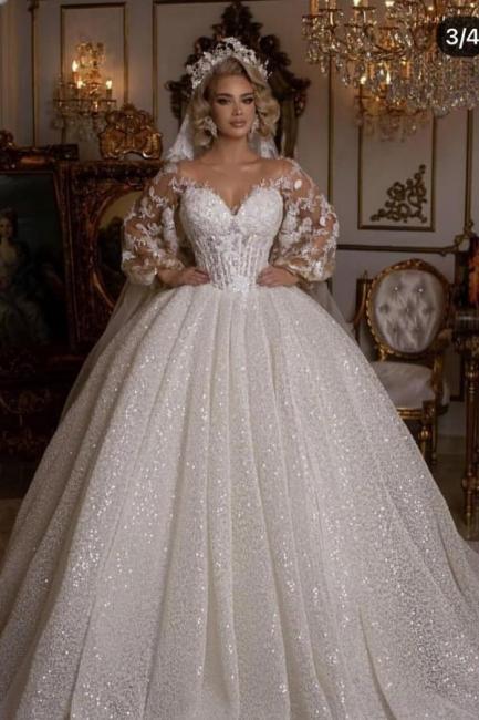 Luxus Hochzeitskleider mit Ärmel | Brautkleider Prinzessin Glitzer