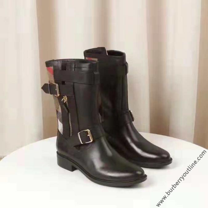 Burberry Grantville Check And Leather Moto Boots In Black