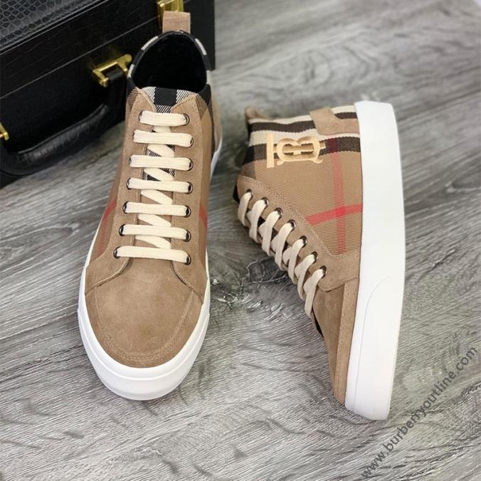 Burberry Vintage Check Cotton And Suede High-top Sneakers In Beige
