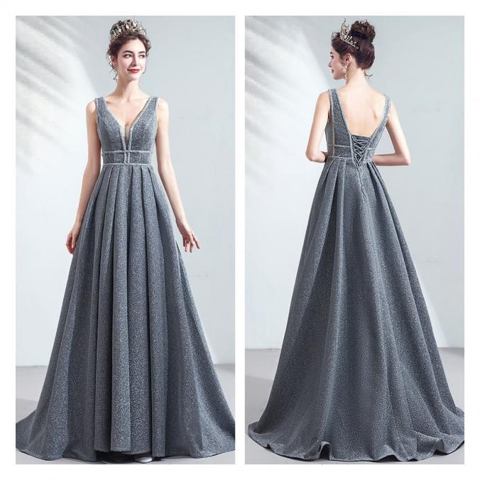 V Neck Grey Formal Dresses for Women High Waist Plus Size Evening Gowns 
https://www.formaldressau.com/collections/grey-formal-dresses