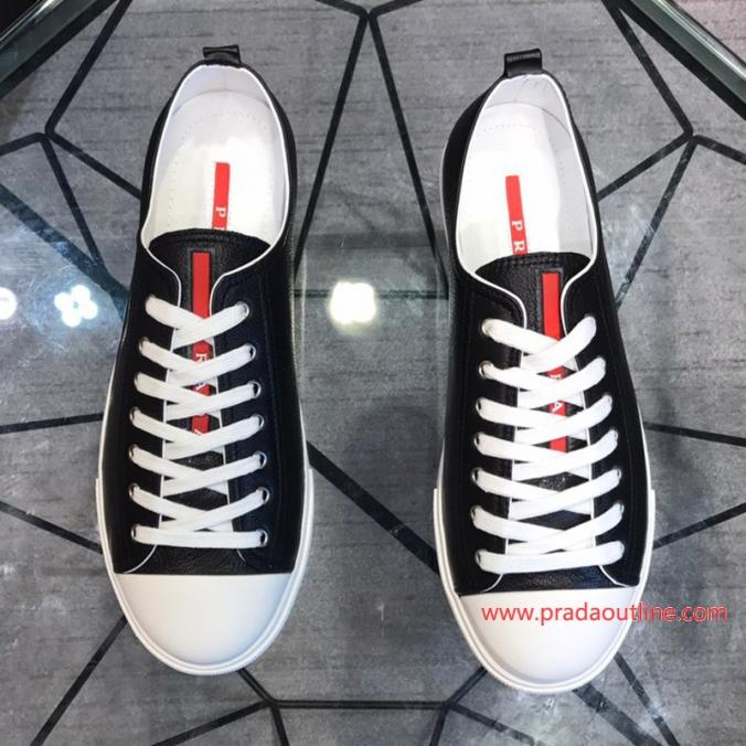 Prada Stripe Logo Men Calfskin Sneakers In Black