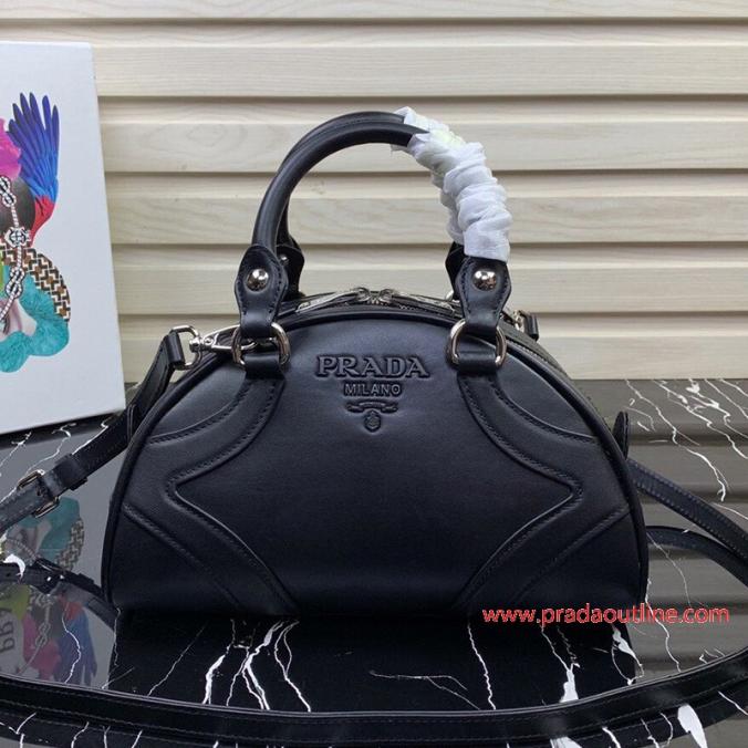 Prada 1BD071 Calf Leather Bowling Bag In Black