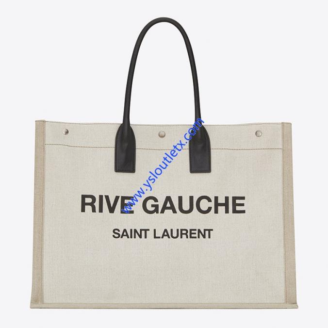 Saint Laurent Rive Gauche Tote Bag In Linen And Leather White