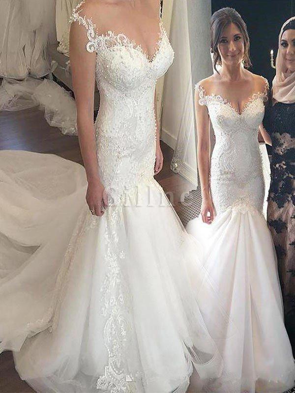 Mermaid Lace Sleeveless Chapel Train Off The Shoulder Wedding Dress