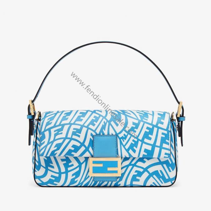 Fendi Baguette  Bag In FF Vertigo Motif Glazed Canvas Blue